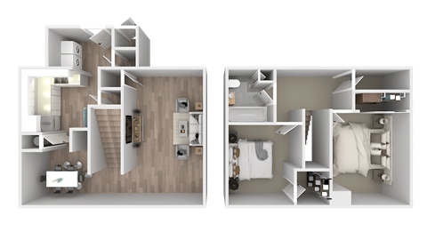 a rendering of a bedroom and a living room with a wood floor